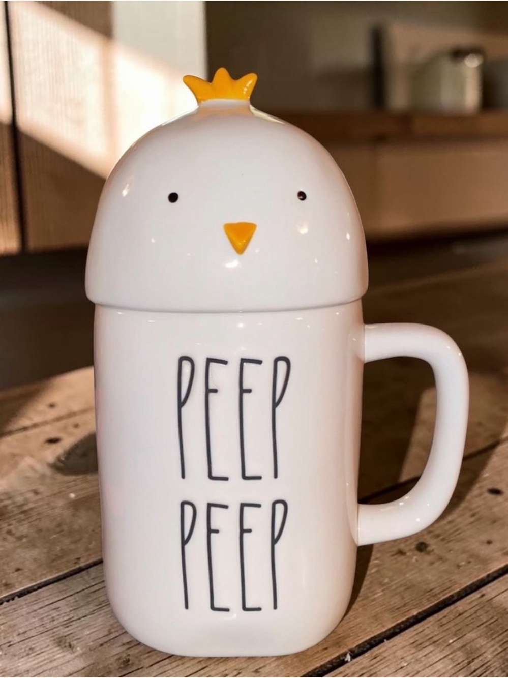 Rae Dunn Peep Peep White Ceramic chick Mug with Yellow Accent topper NEW